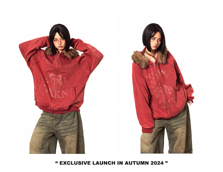 BLACKBB American Brown Fur Collar Print Zip-Up Jacket
