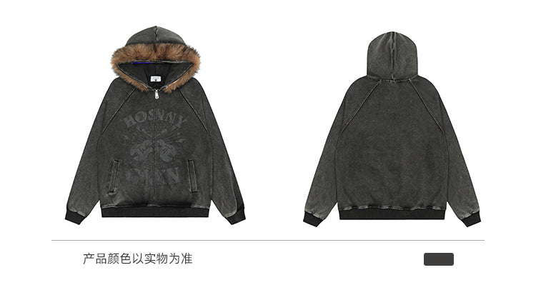 BLACKBB American Brown Fur Collar Print Zip-Up Jacket