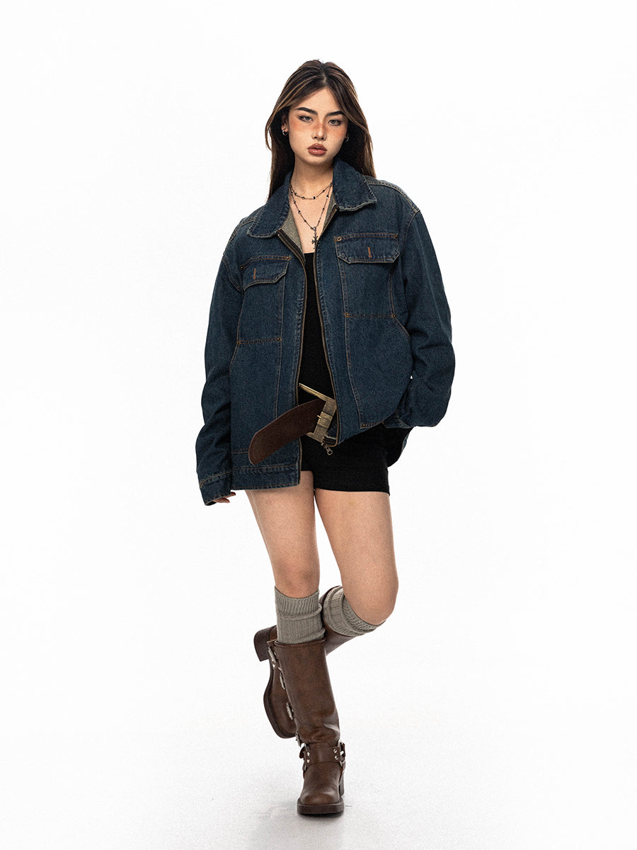 BLACKBB American Vintage Embroidery Washed Gradient Denim Zipper Up Jacket