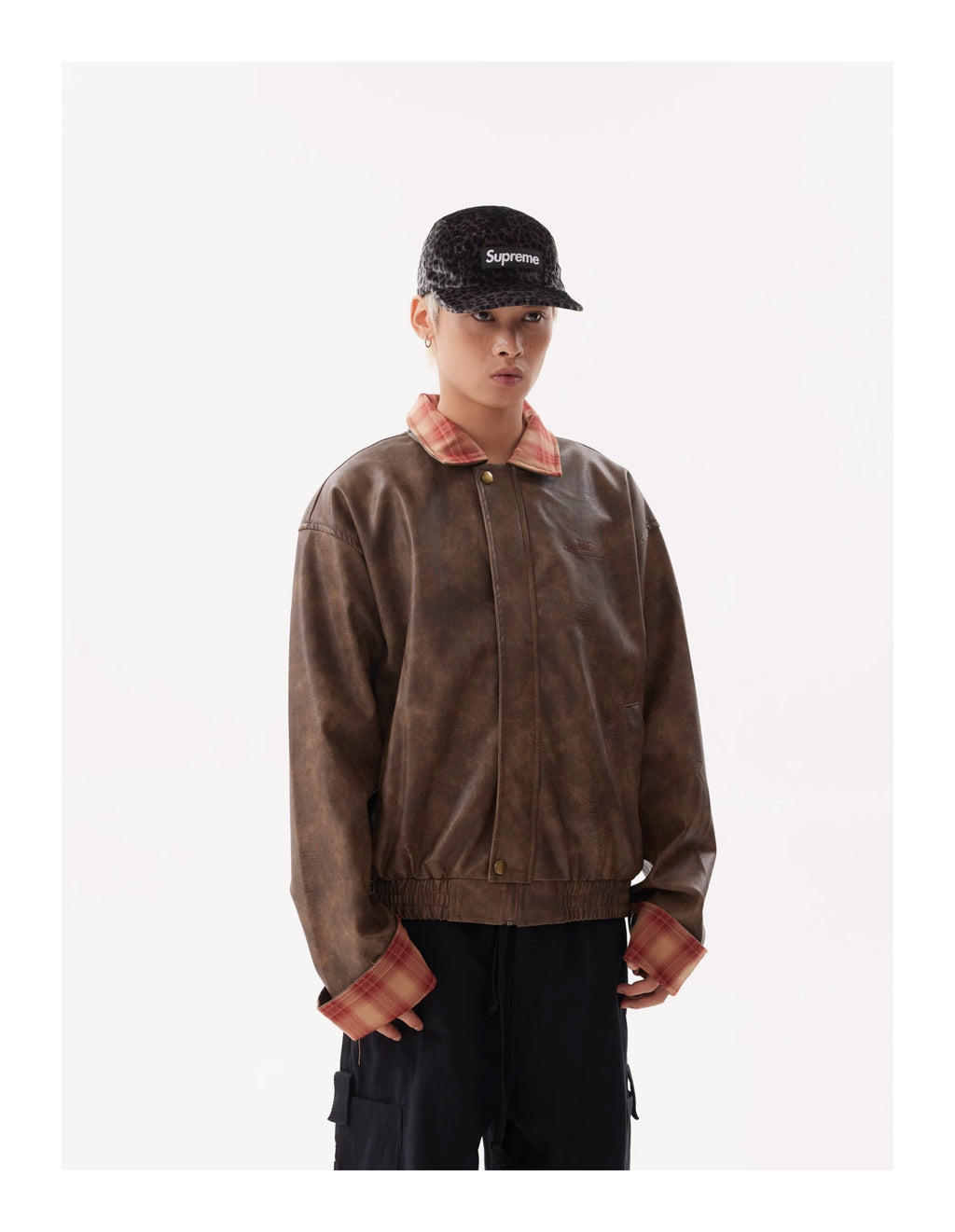 BTSG Lapel Plaid Panel Leather Jacket