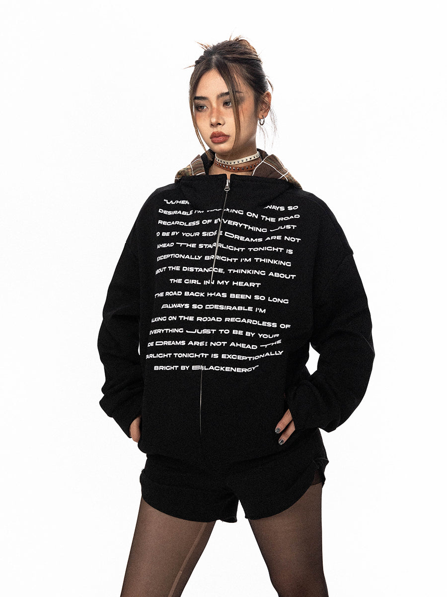 BLACKBB American Patchwork Plaid Hooded Printed Cardigan Zipper Jacket