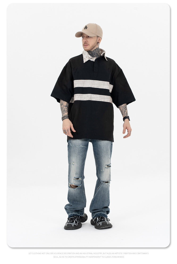 FORGIVNESS Distressed Polo Dirty Dye Lapel Silhouette Double Short Sleeve Tee