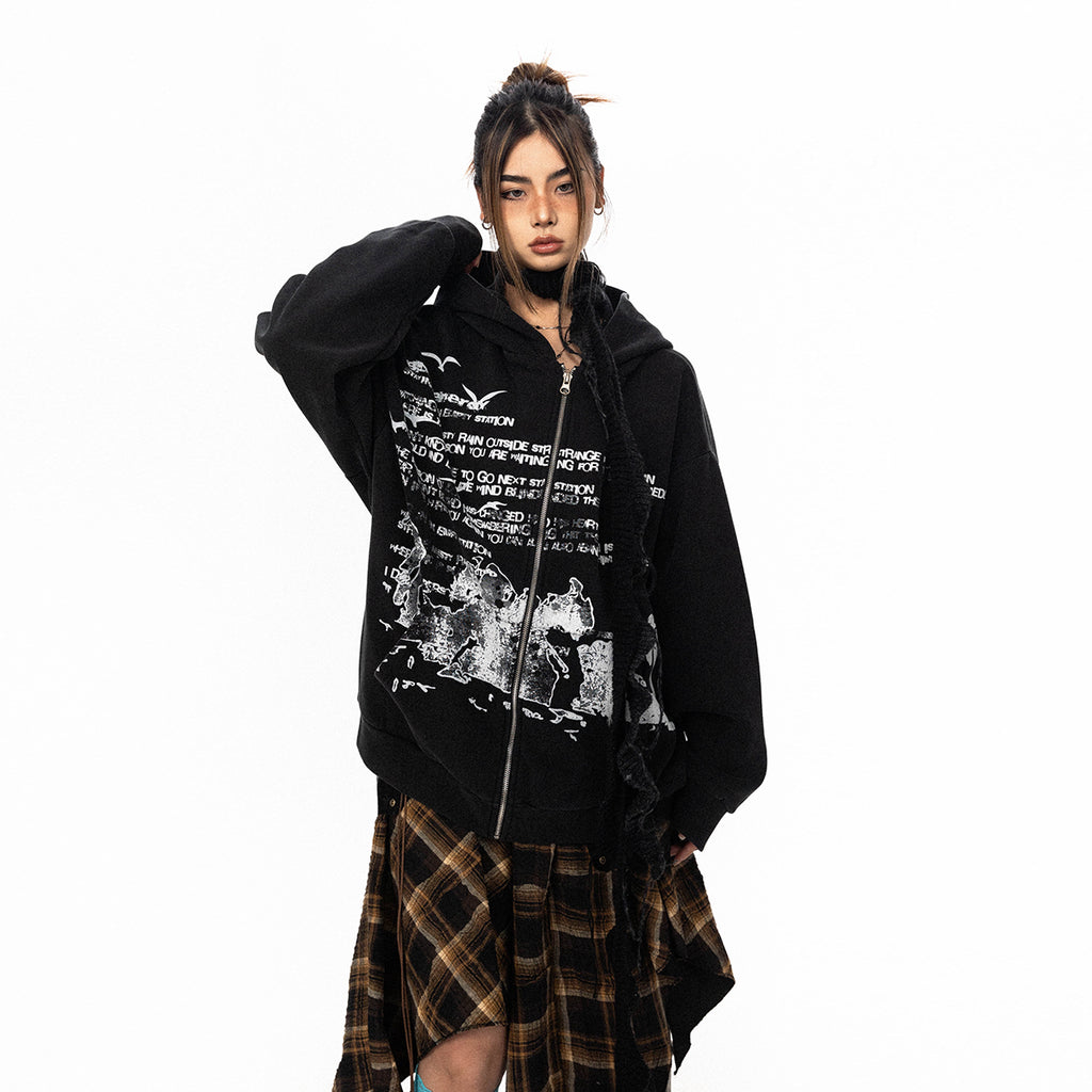 BLACKBB Vintage Washed Alphabet Zip Up Jacket