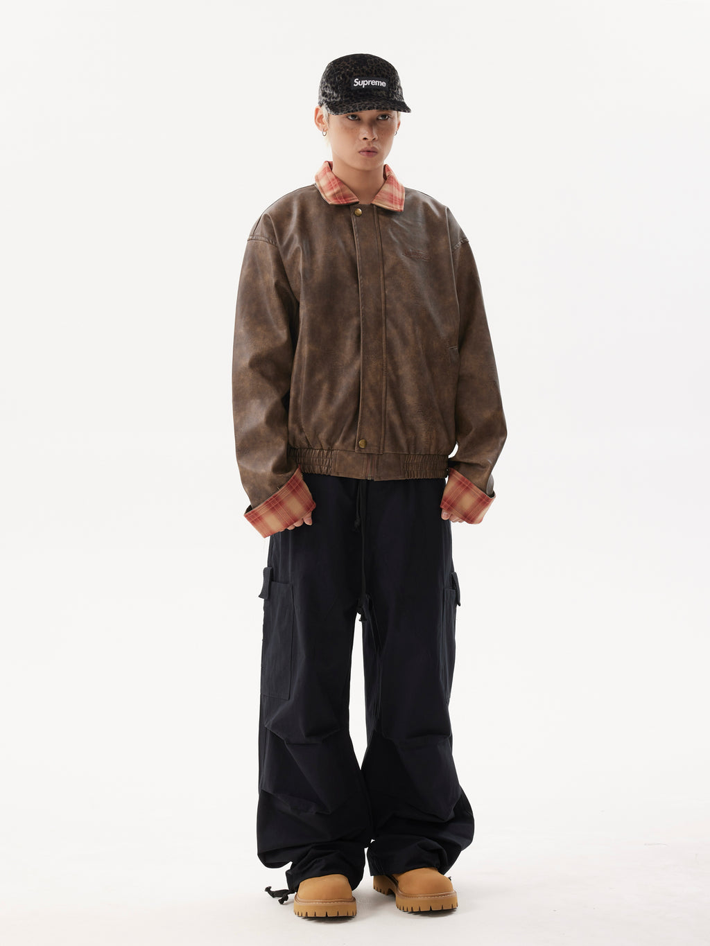 BTSG Lapel Plaid Panel Leather Jacket