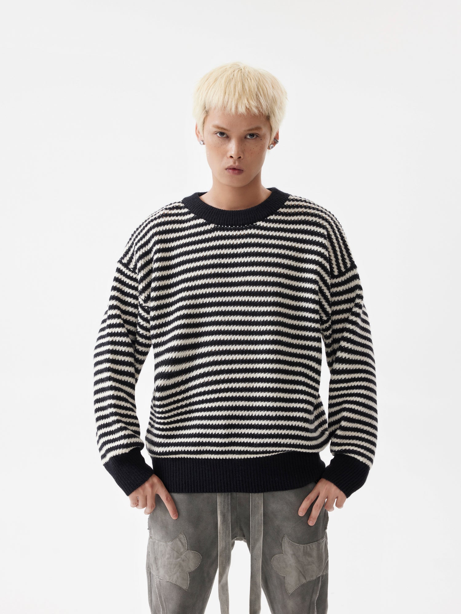 BTSG Striped Cropped Crew Neck Sweater