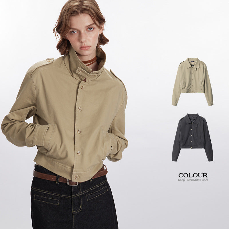 Nariele Short Top Jacket Jacket solid color simple and versatile retro  gabardine jacket