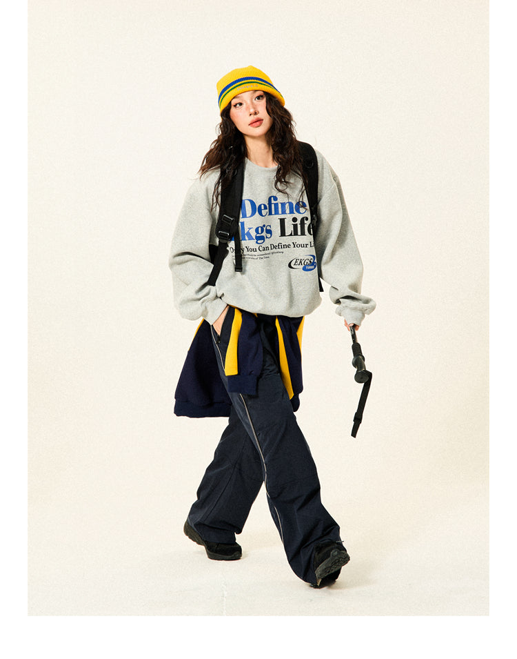 Mershier Original Retro Letter Print Crew Neck Sporty Sweatshirt