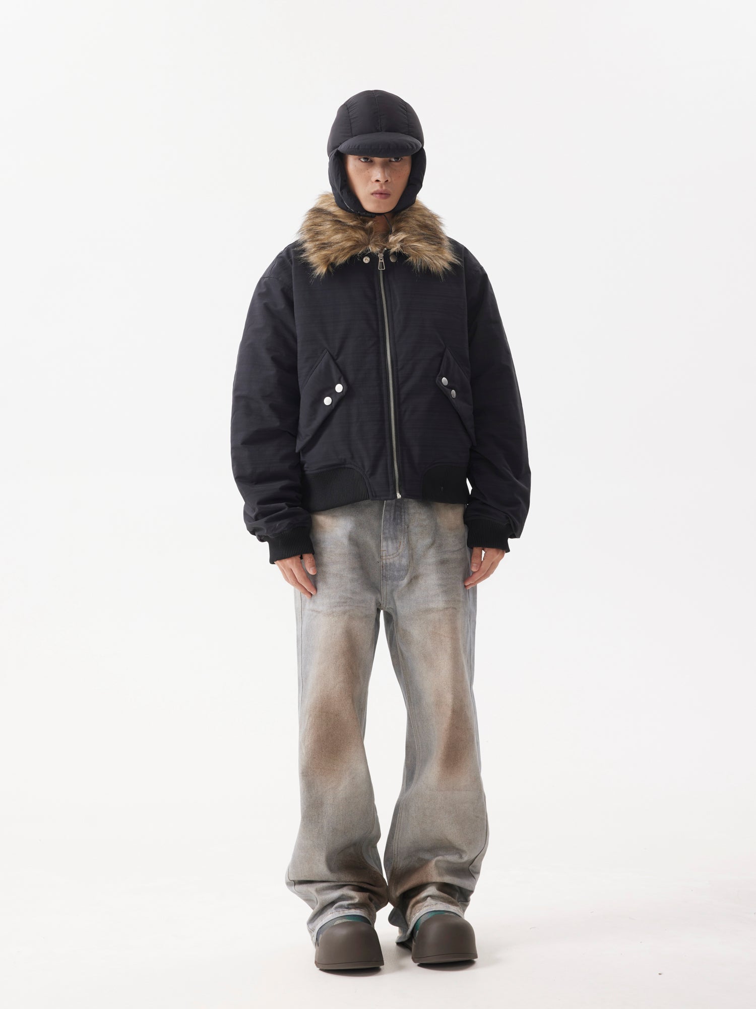 BTSG FUR Detachable Plush Collar Cropped Cargo Jacket