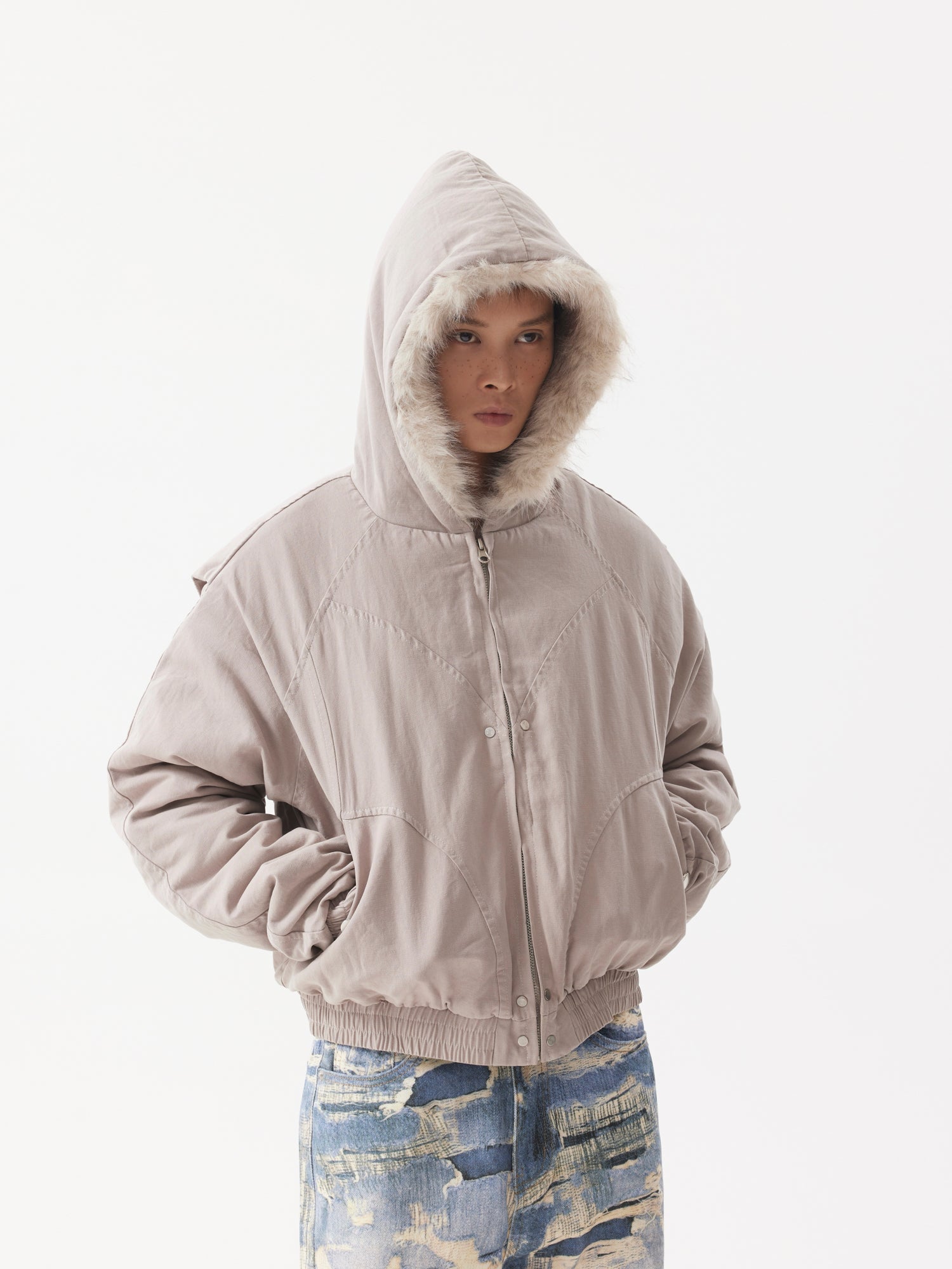 BTSG Canvas Cropped Plush Jacket
