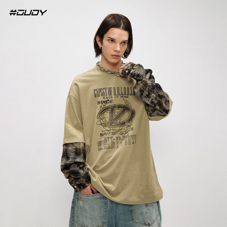#OVDY Fake Two Pieces Camouflage Stitched Loose Crew neck Sweatshirt