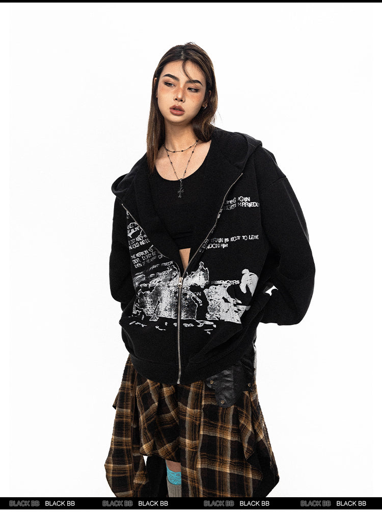 BLACKBB Vintage Washed Alphabet Zip Up Jacket