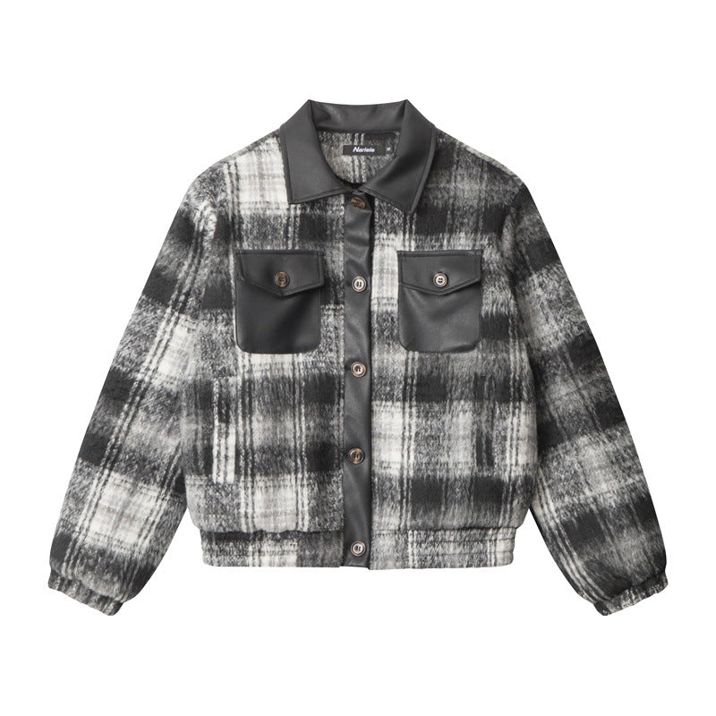 Nariele Retro American Vintage PU Leather Short Plaid Cotton Jackets