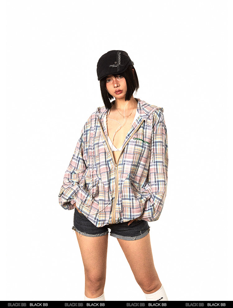 BLACKBB American Irregular Plaid Zipper Up Jacket