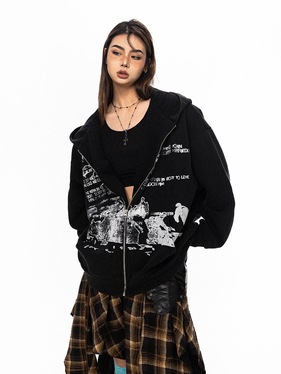 BLACKBB Vintage Washed Alphabet Zip Up Jacket