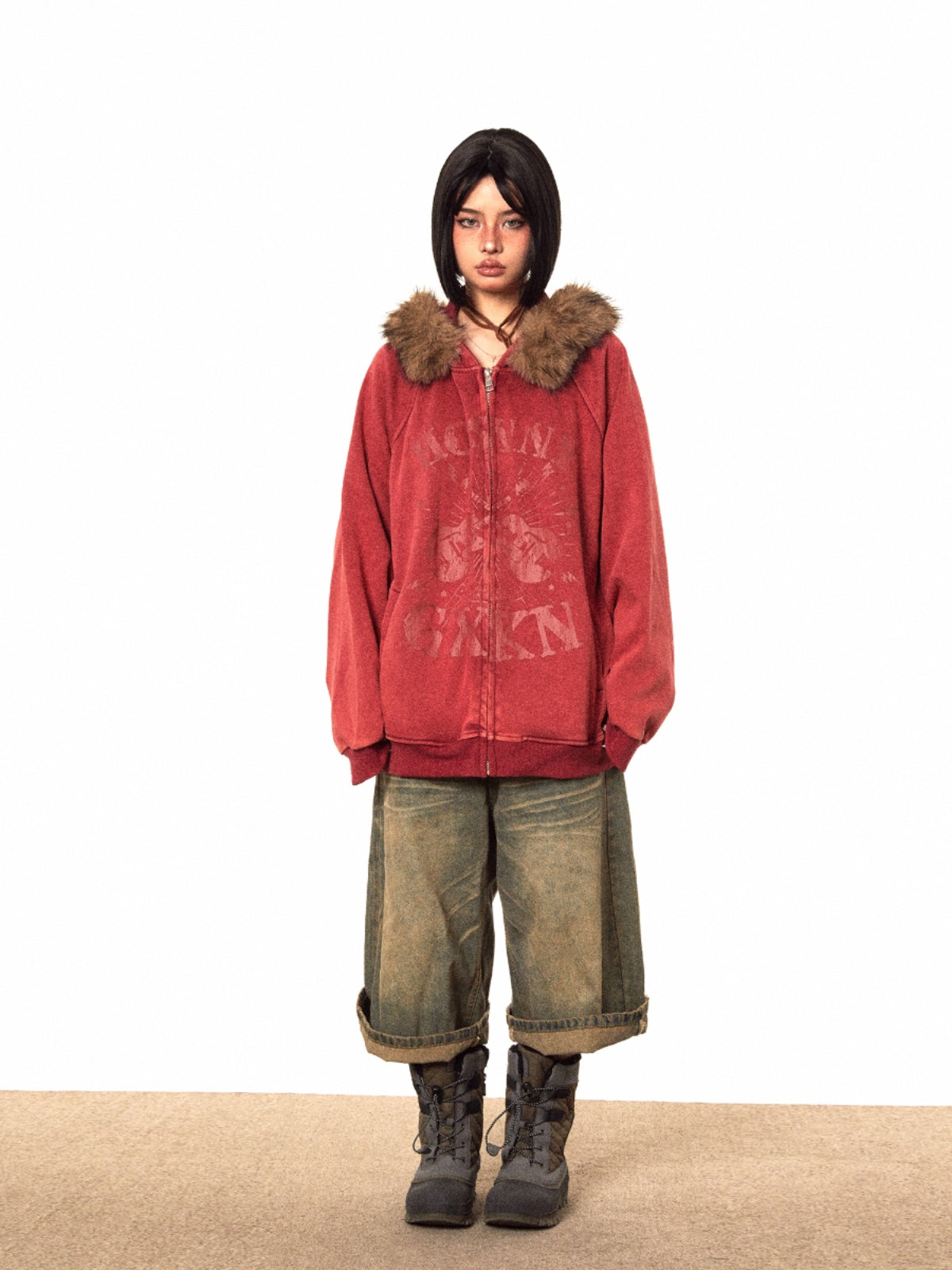 BLACKBB American Brown Fur Collar Print Zip-Up Jacket