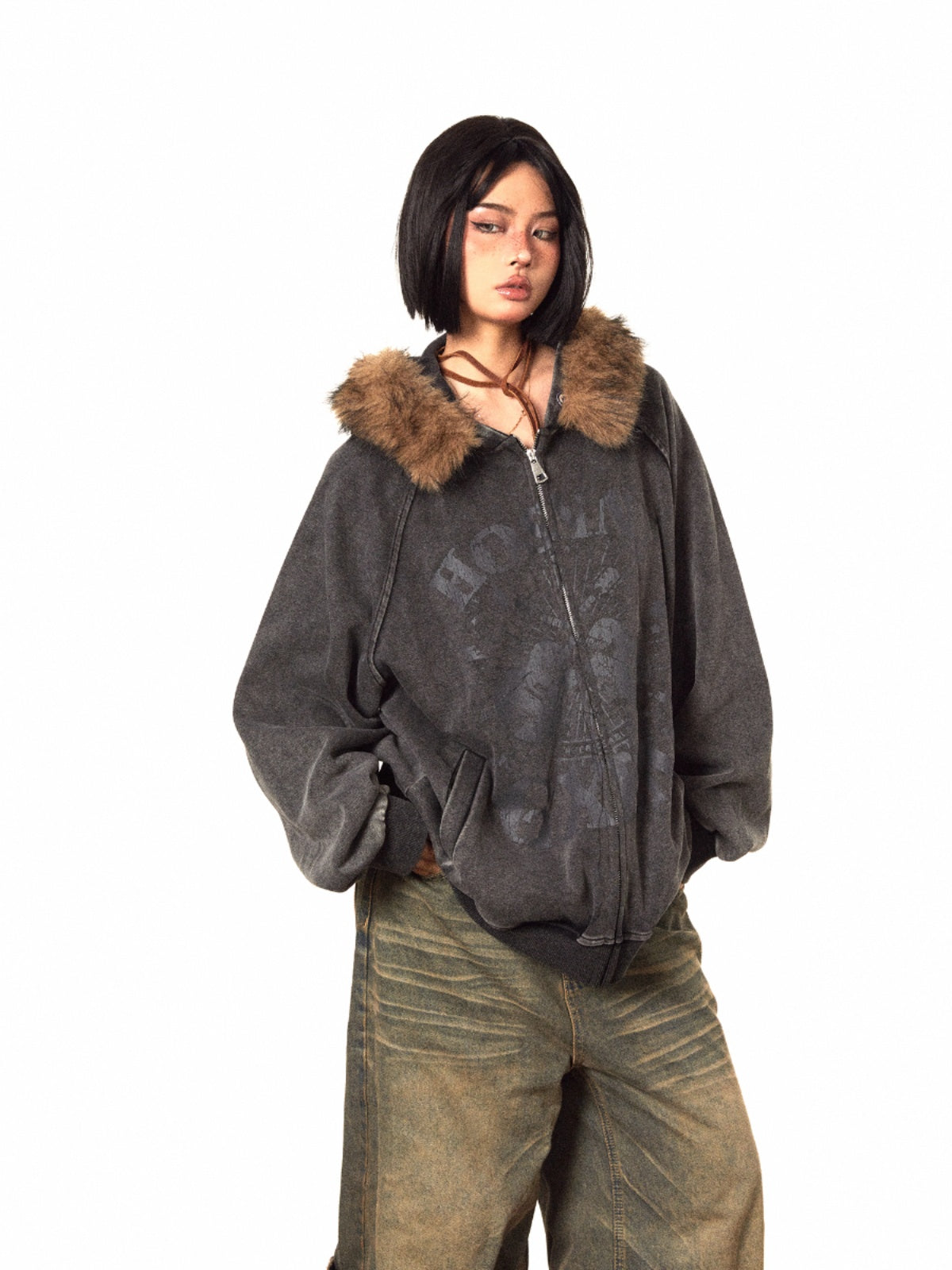 BLACKBB American Brown Fur Collar Print Zip-Up Jacket
