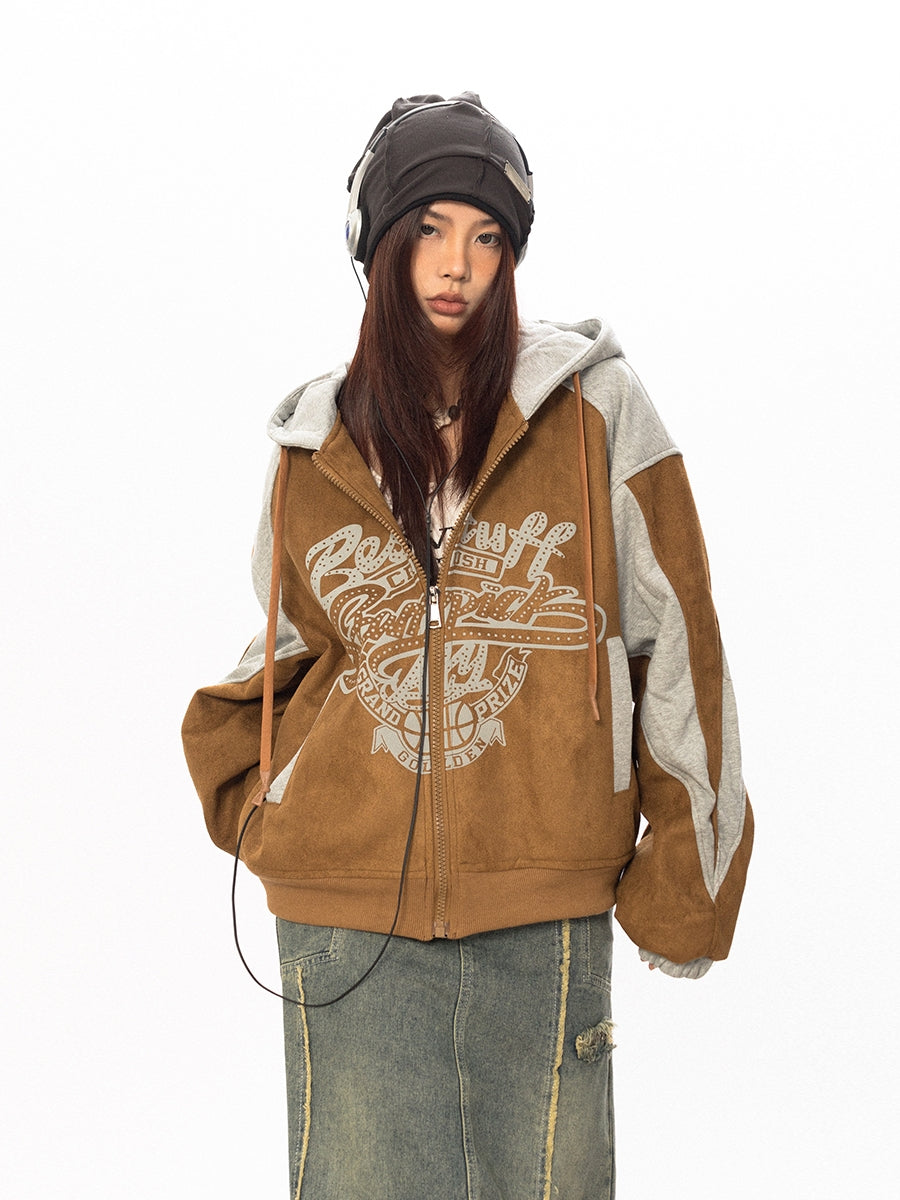 BLACKBB Suede Patchwork Hood Print Zip Up Jacket