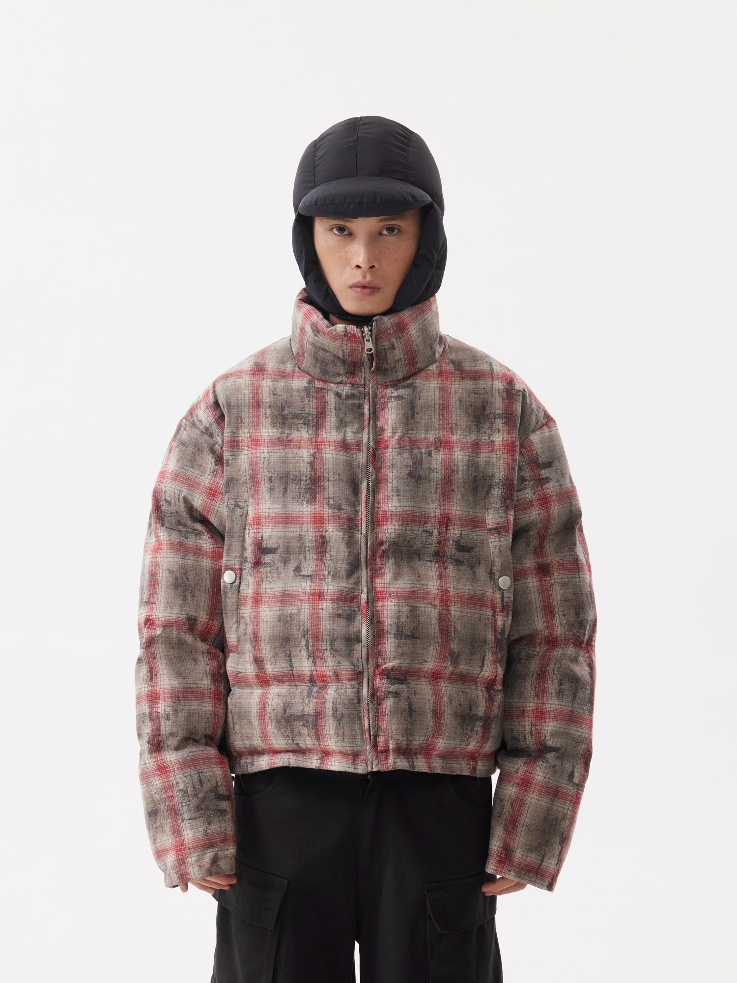 BTSG Reversible Plaid Cropped Puffer Jacket