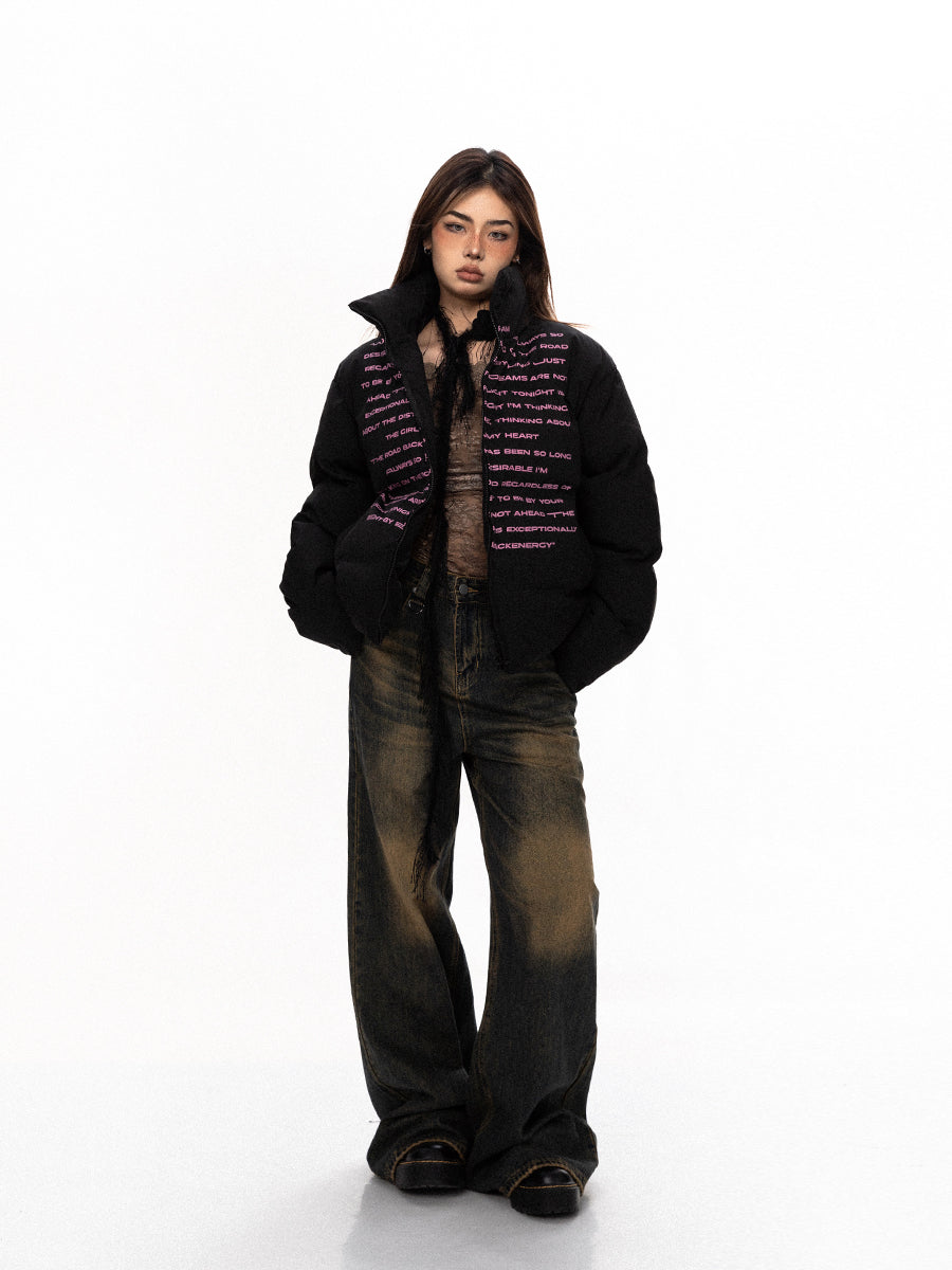 BLACKBB Pink Code Letter Print Design Sense Thickened Jacket