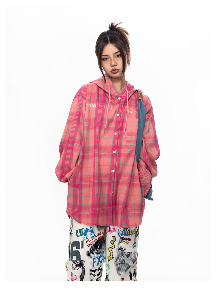 BLACKBB Plaid Embroidered Pink Breasted Loose Couple Shirt