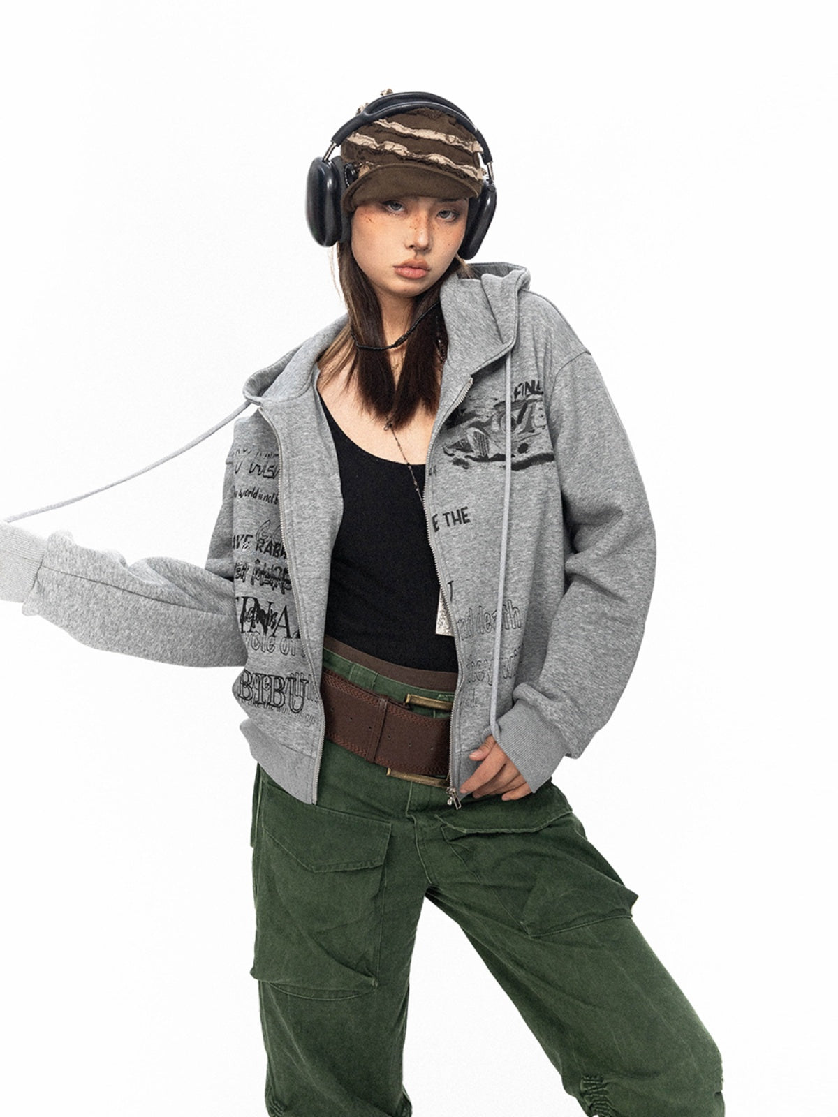 BLACKBB Glitter Retro Letter Print Zipper Up Jacket
