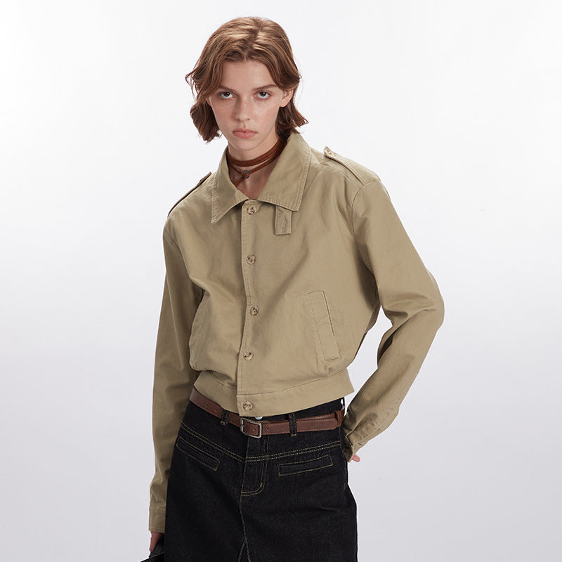 Nariele Short Top Jacket Jacket solid color simple and versatile retro  gabardine jacket