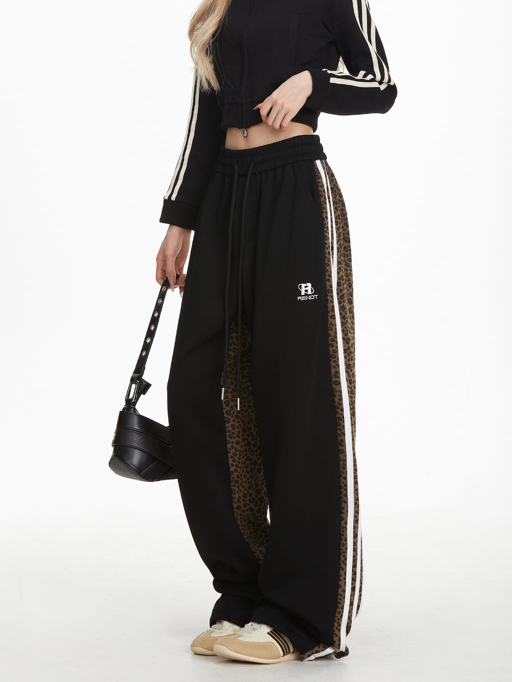 NERESUM leopard print sweatpants American retro hip hop loose striped sports straight-leg Sweatpants