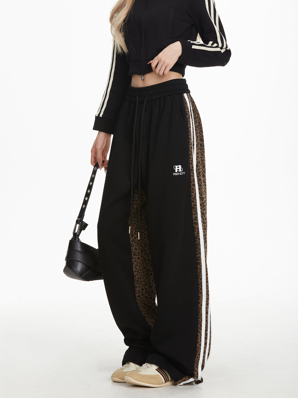 NERESUM leopard print sweatpants American retro hip hop loose striped sports straight-leg Sweatpants