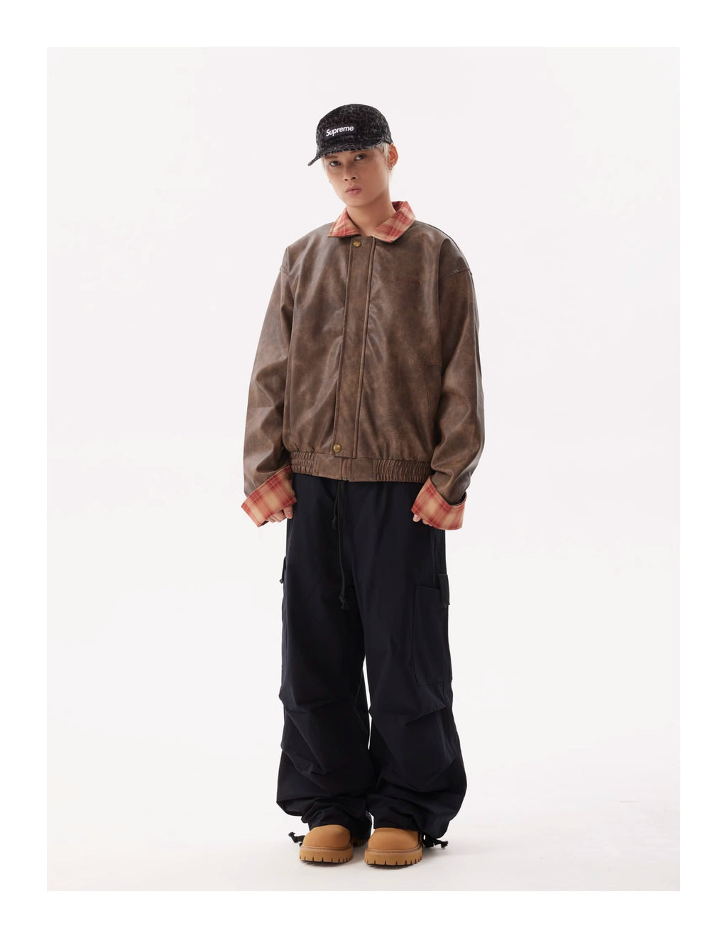 BTSG Lapel Plaid Panel Leather Jacket