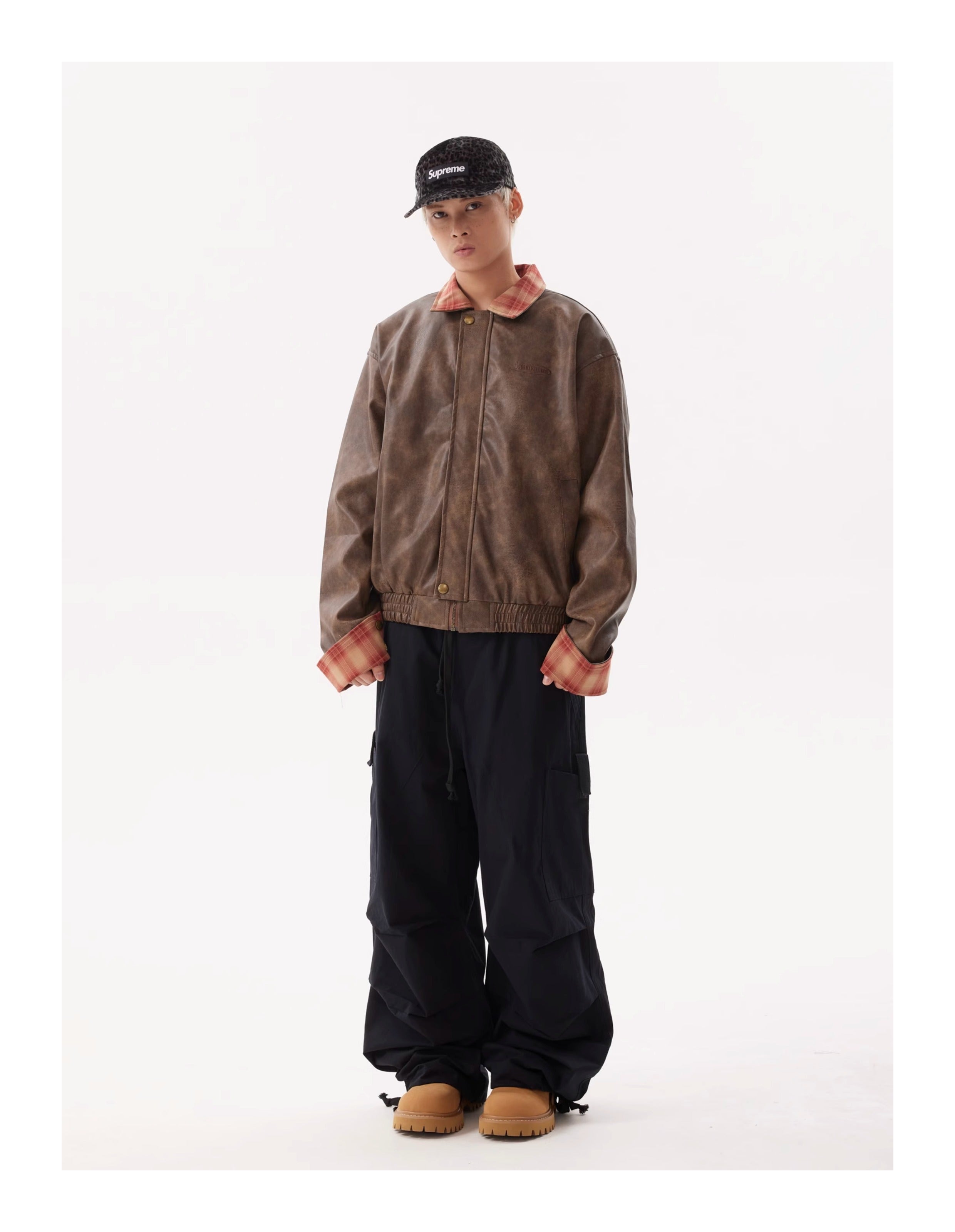 BTSG Lapel Plaid Panel Leather Jacket