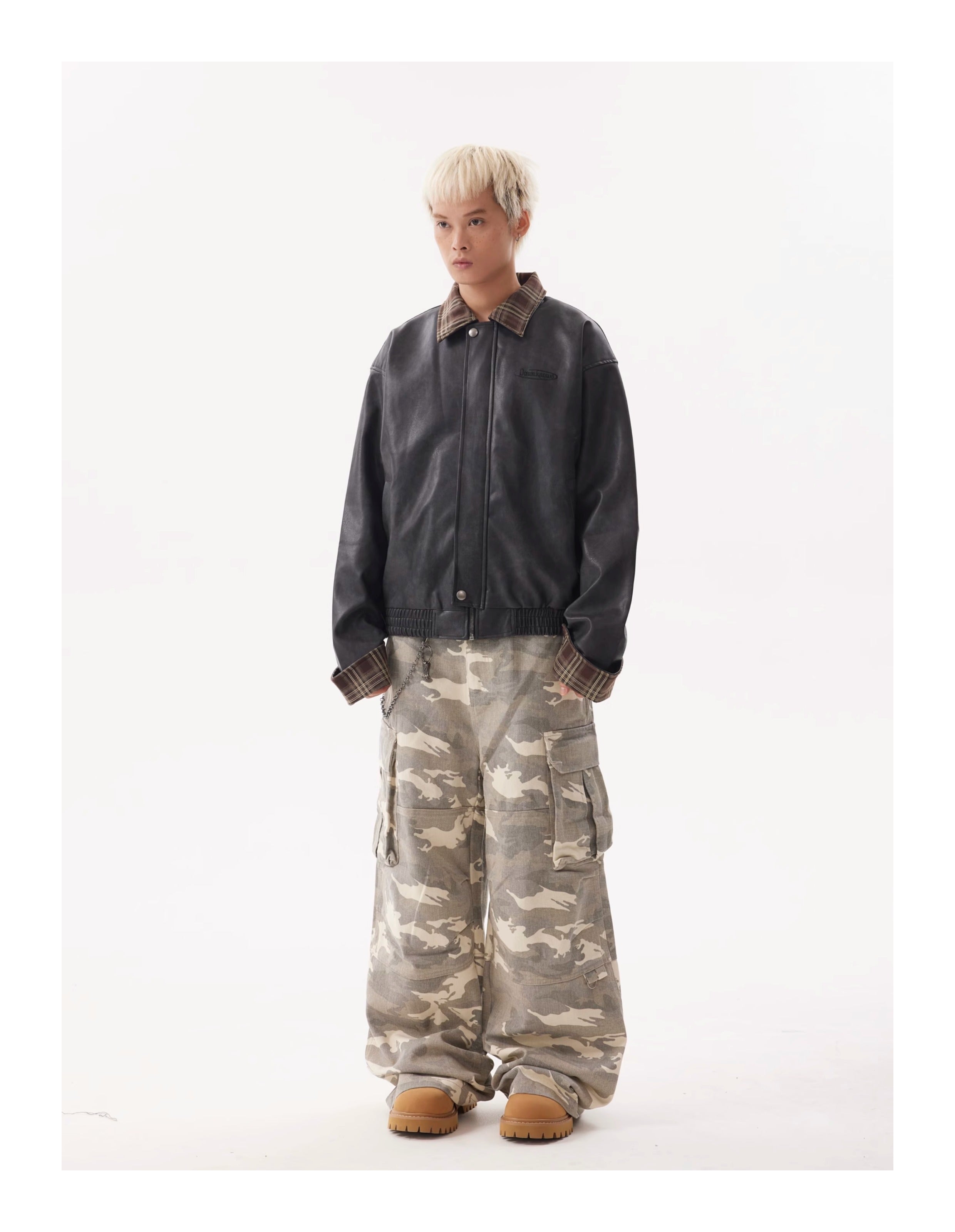 BTSG Lapel Plaid Panel Leather Jacket