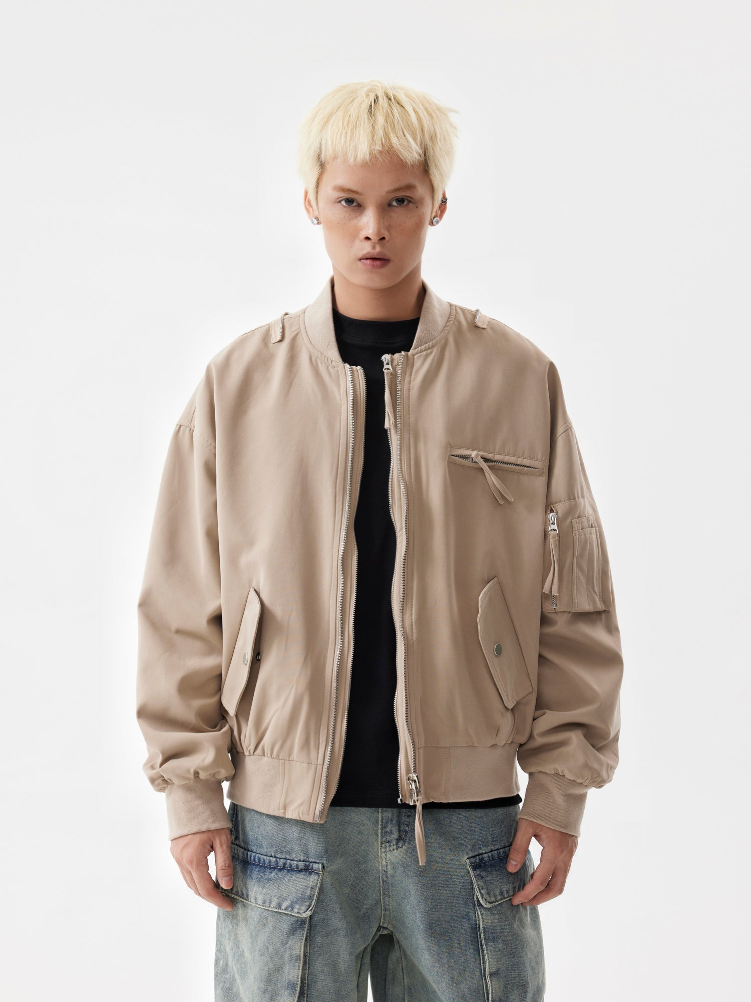 BTSG Heavy Duty Double Zipper Multi Pocket Cropped Bomber Jacket