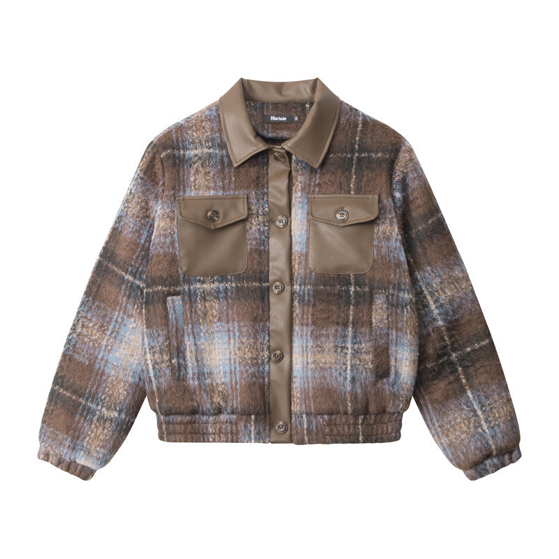 Nariele Retro American Vintage PU Leather Short Plaid Cotton Jackets