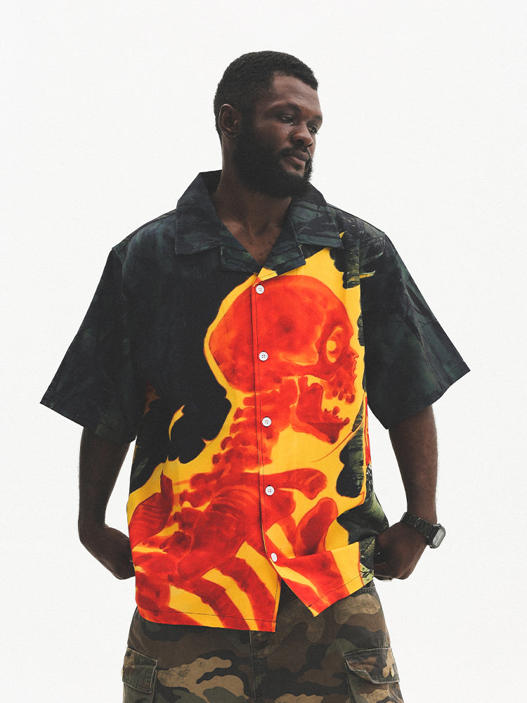 UNTILWERICH Cuban Collar Skull Shirt