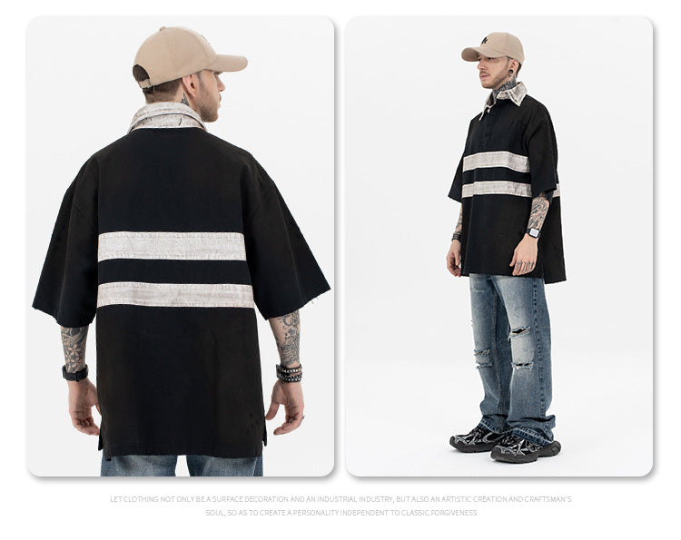 FORGIVNESS Distressed Polo Dirty Dye Lapel Silhouette Double Short Sleeve Tee