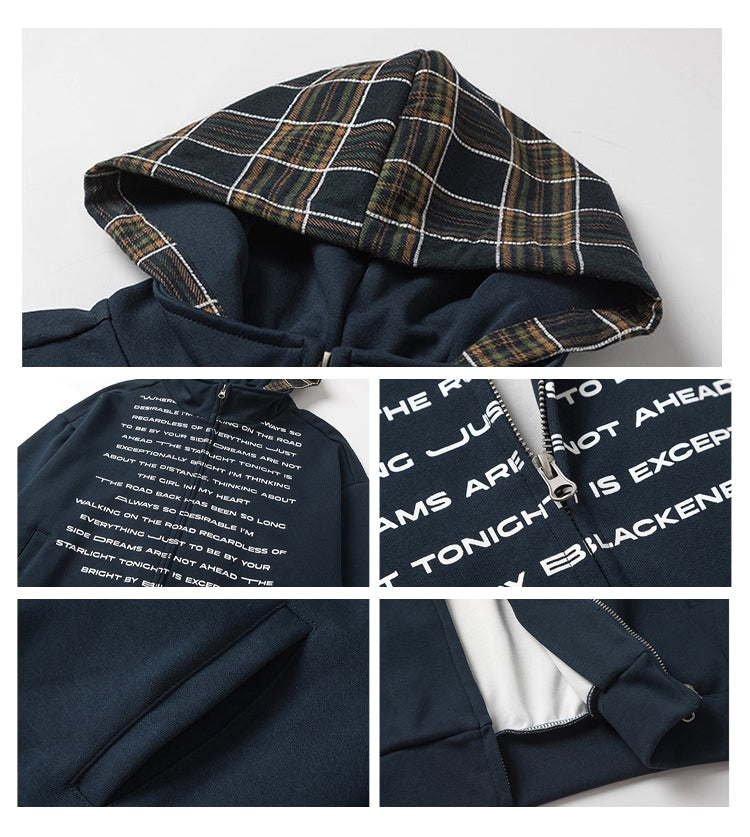 BLACKBB American Patchwork Plaid Hooded Printed Cardigan Zipper Jacket