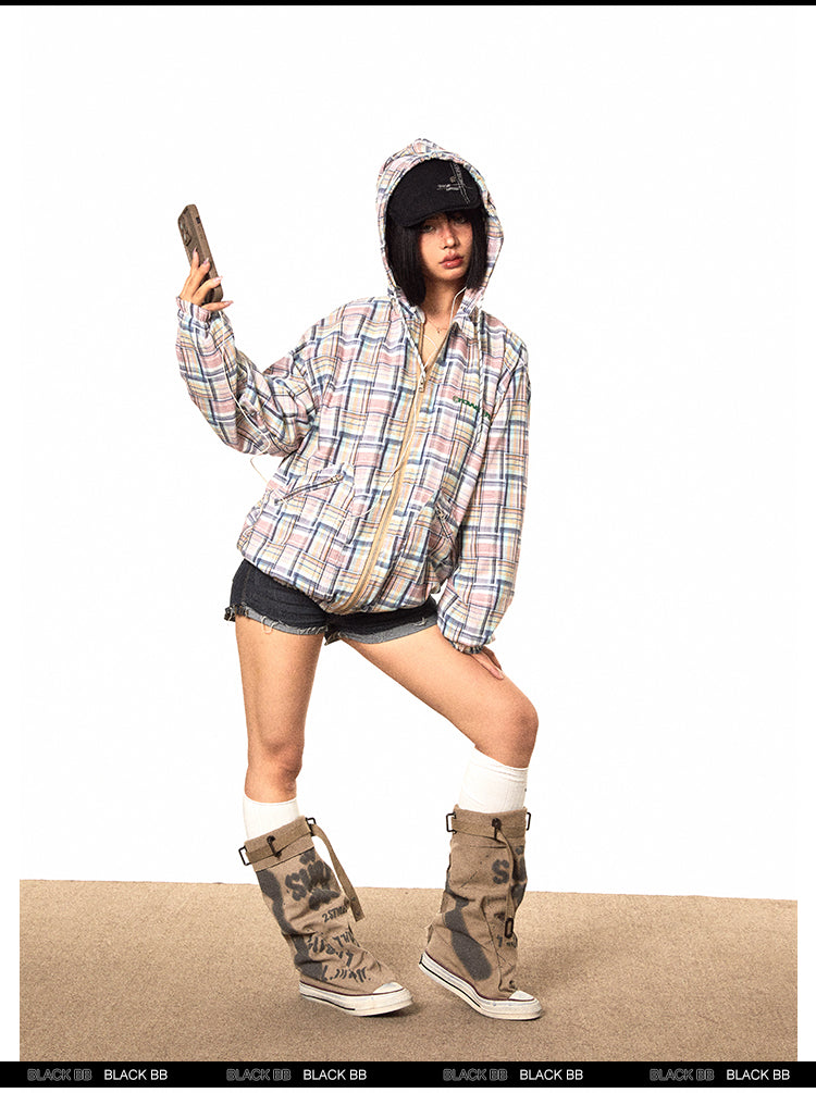 BLACKBB American Irregular Plaid Zipper Up Jacket