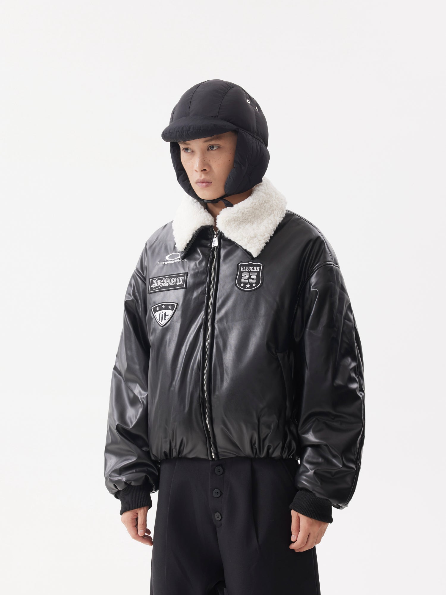 BTSG Leather Fur Collar Stitched Badges Padded Jacket