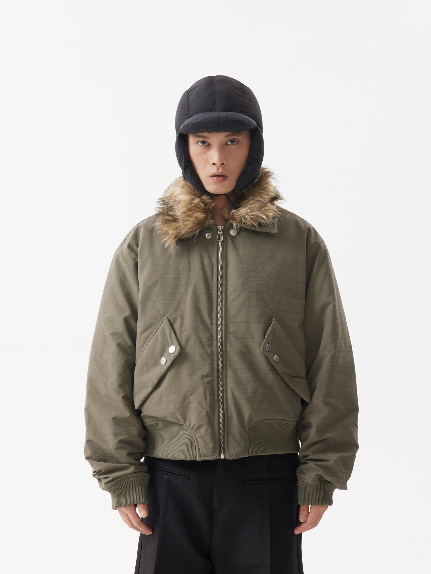 BTSG FUR Detachable Plush Collar Cropped Cargo Jacket