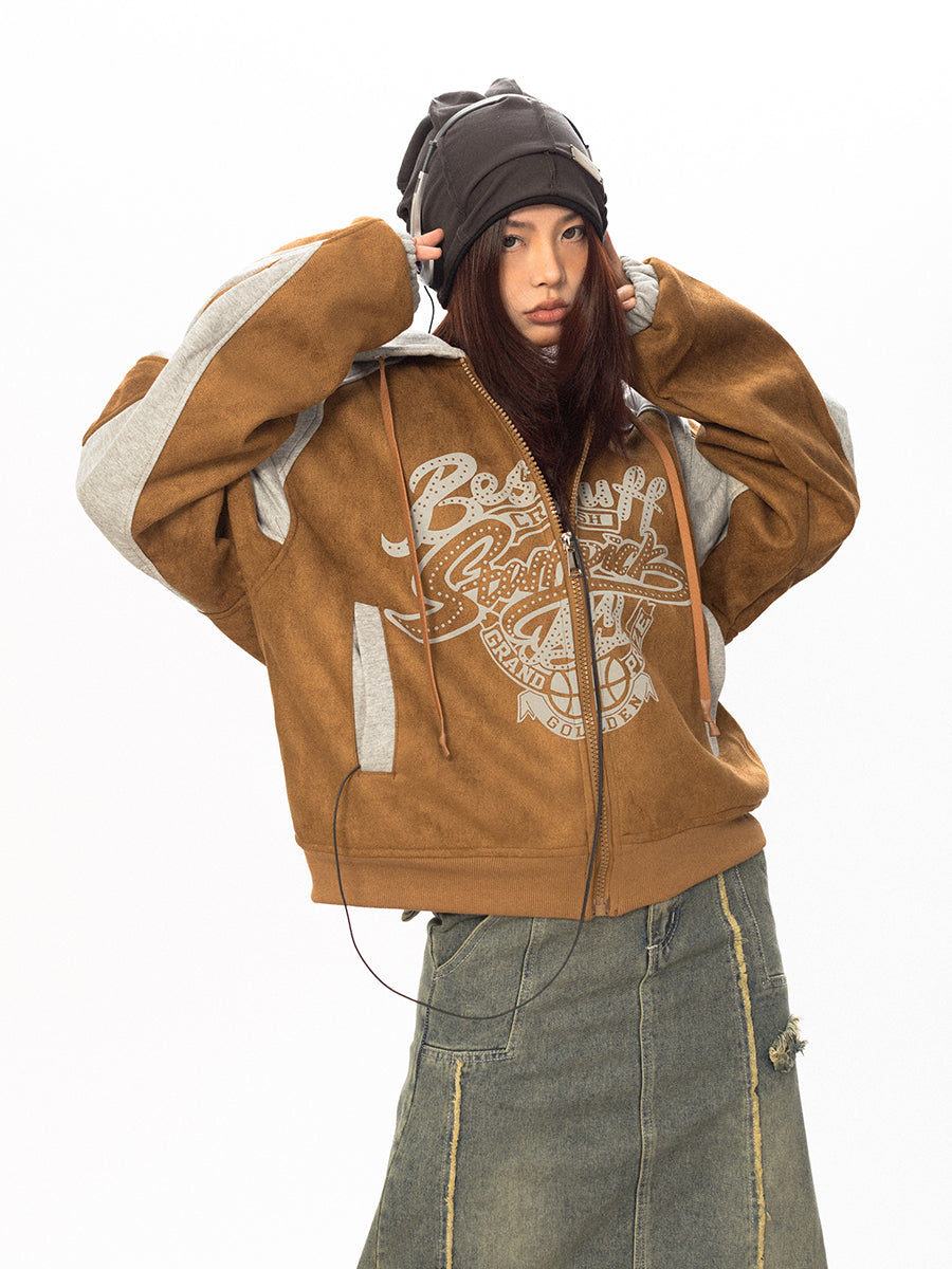 BLACKBB Suede Patchwork Hood Print Zip Up Jacket