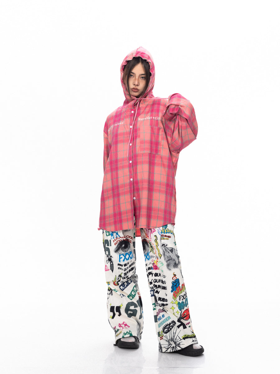 BLACKBB Plaid Embroidered Pink Breasted Loose Couple Shirt
