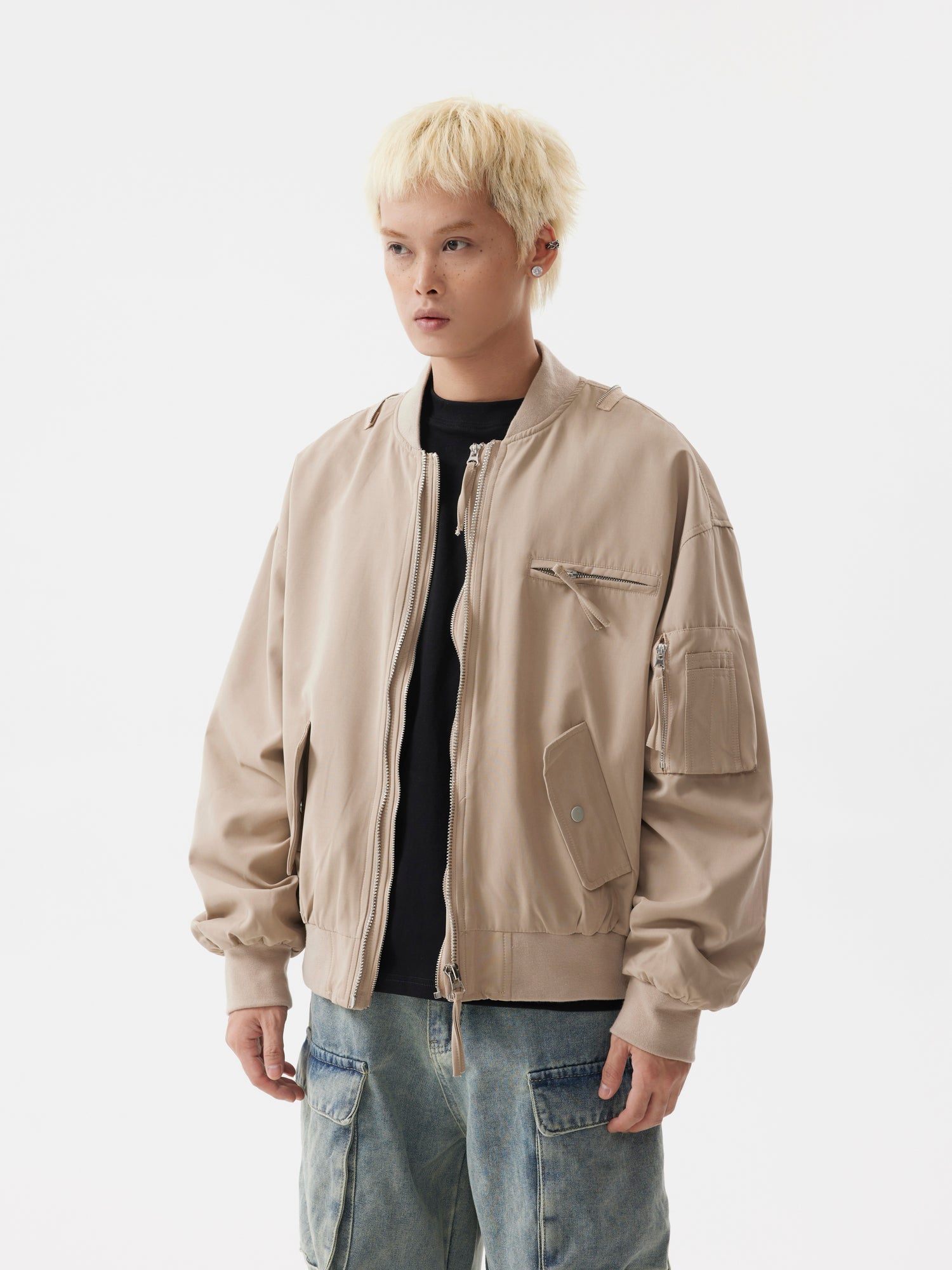 BTSG Heavy Duty Double Zipper Multi Pocket Cropped Bomber Jacket