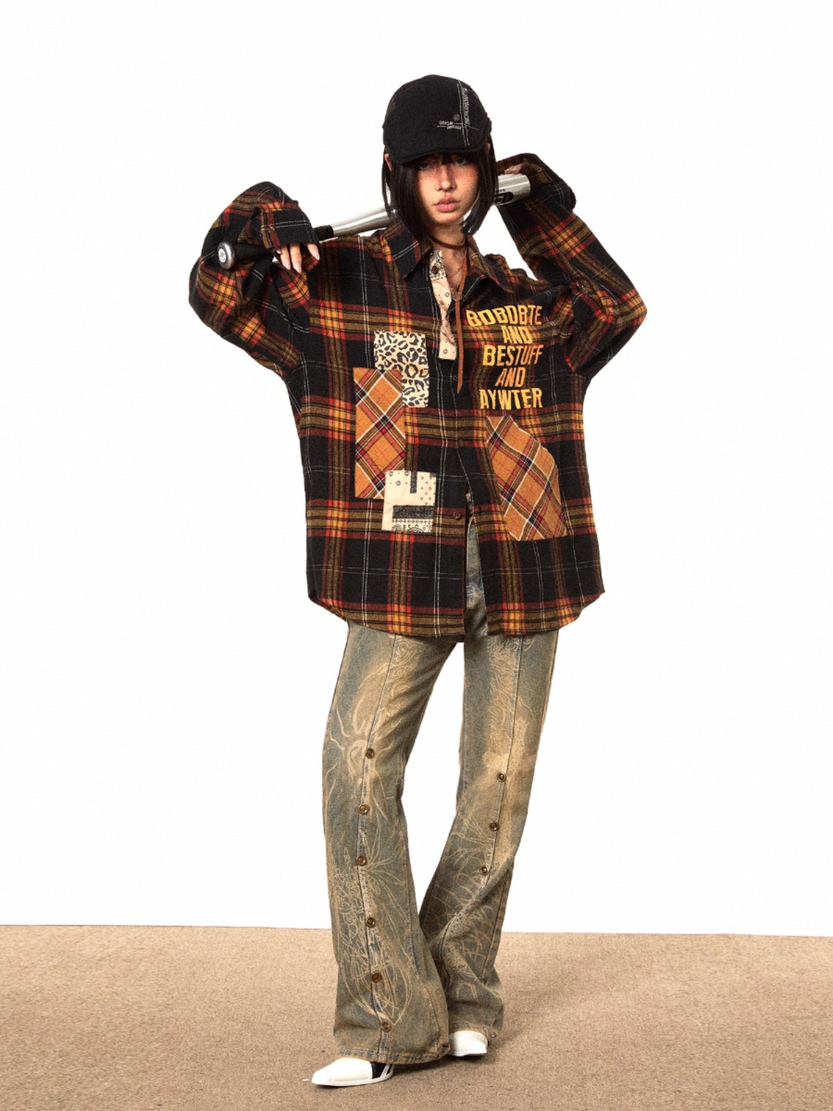 BLACKBB Retro Elements Patch Print Plaid Long Sleeve Shirt