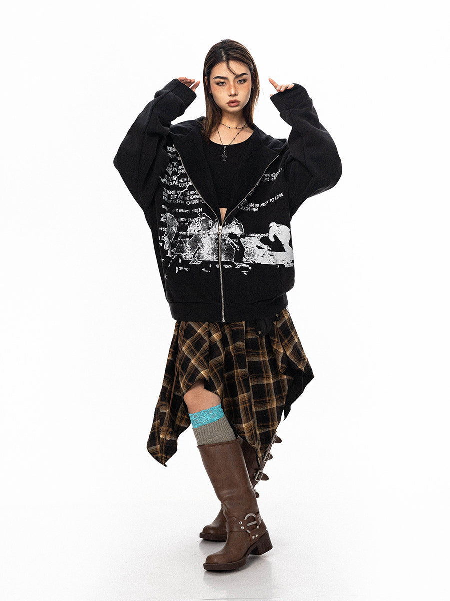 BLACKBB Vintage Washed Alphabet Zip Up Jacket