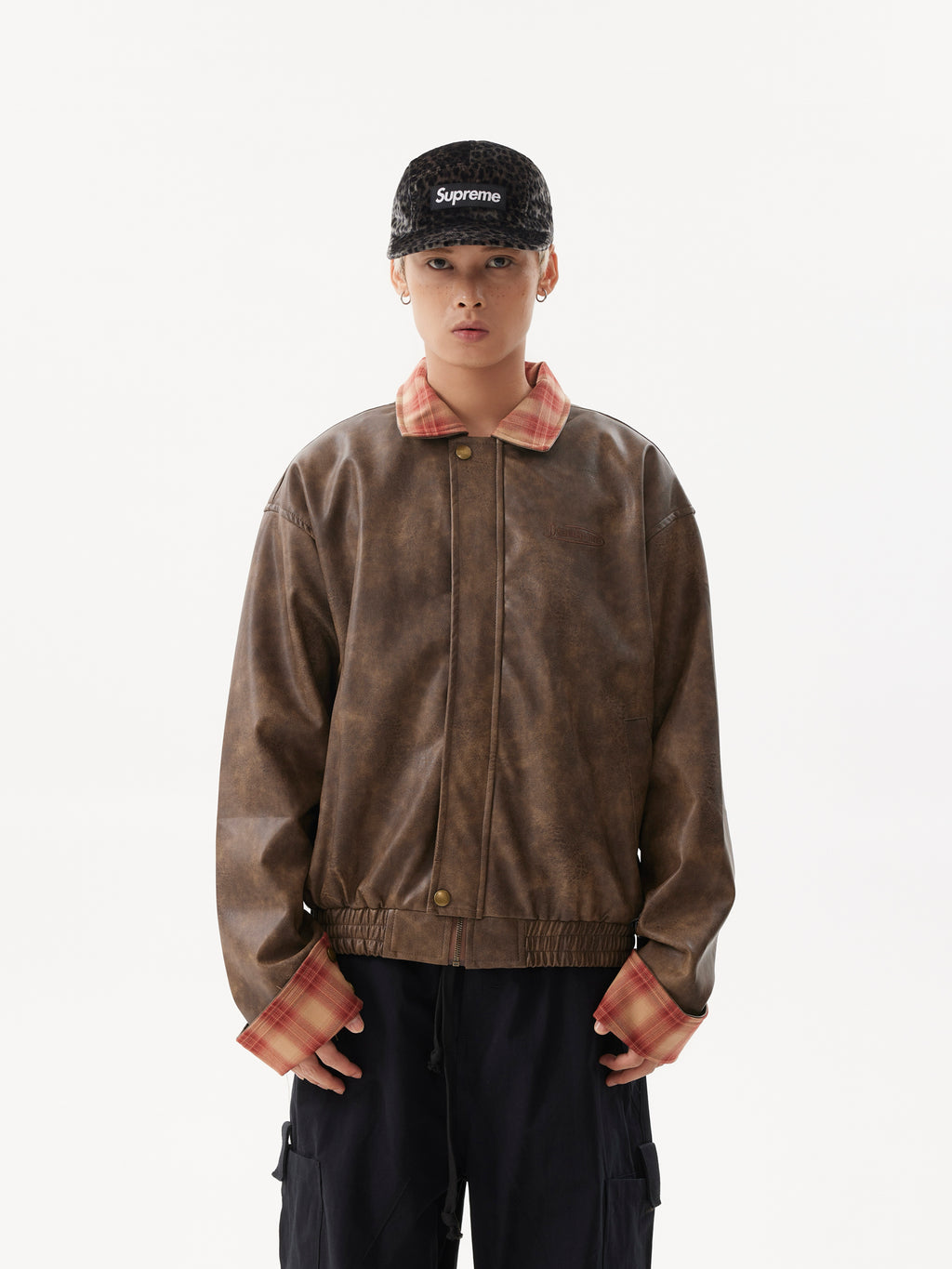 BTSG Lapel Plaid Panel Leather Jacket