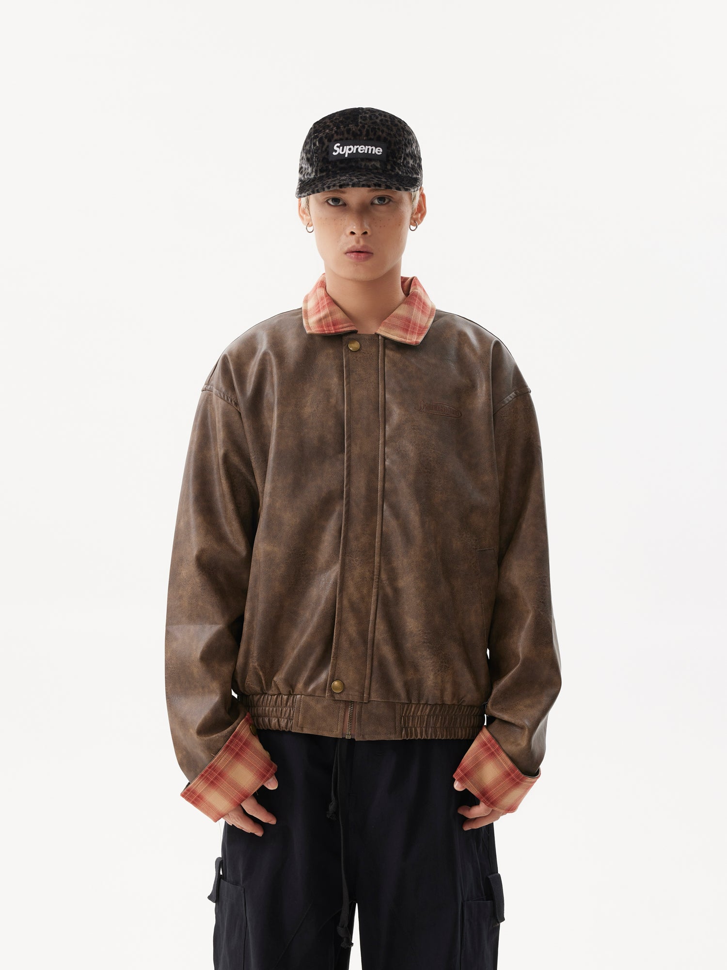 BTSG Lapel Plaid Panel Leather Jacket