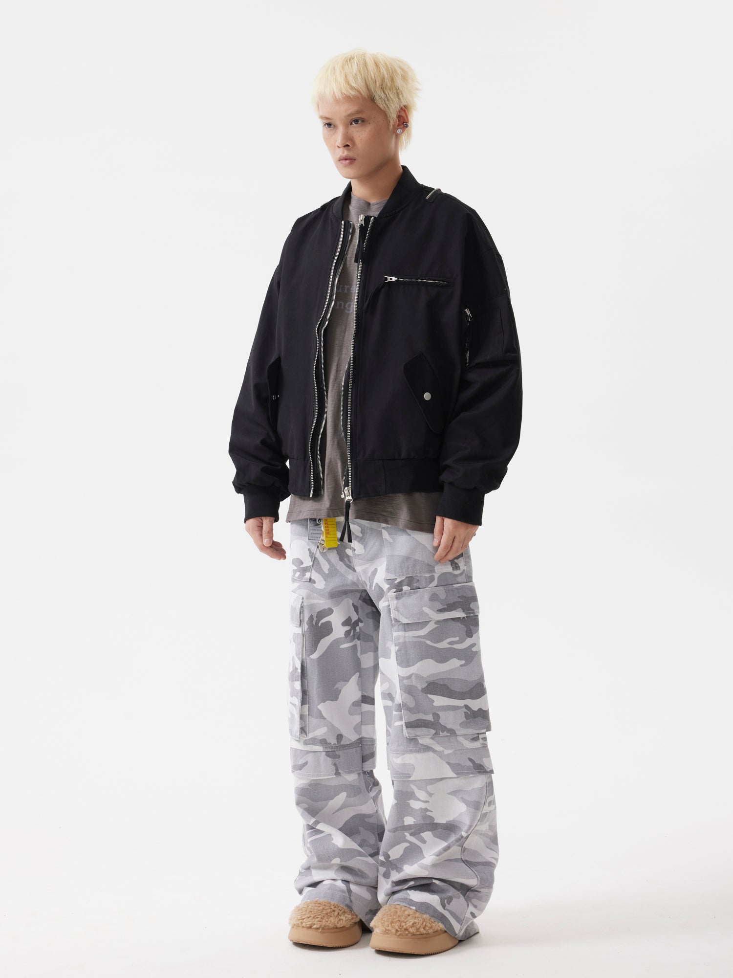 BTSG Heavy Duty Double Zipper Multi Pocket Cropped Bomber Jacket