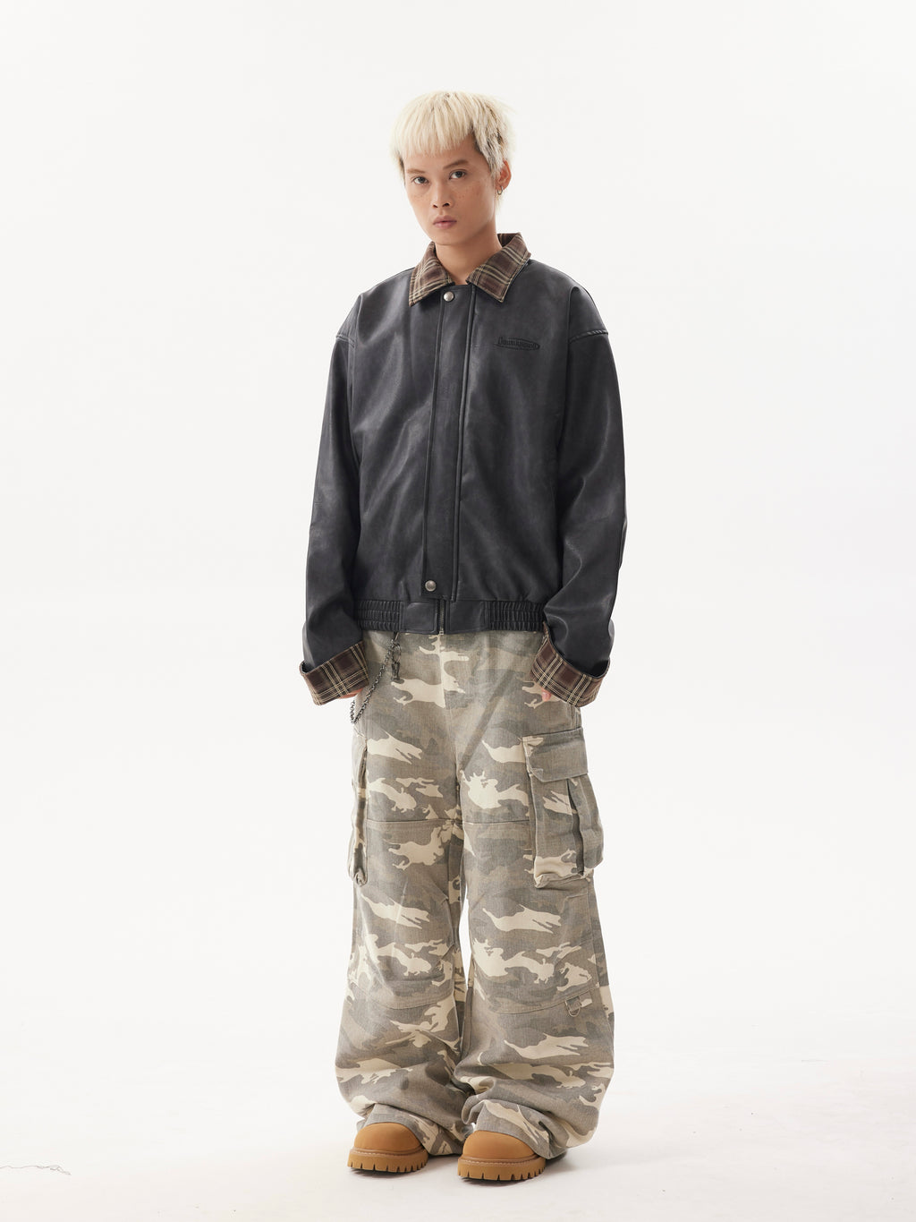 BTSG Lapel Plaid Panel Leather Jacket