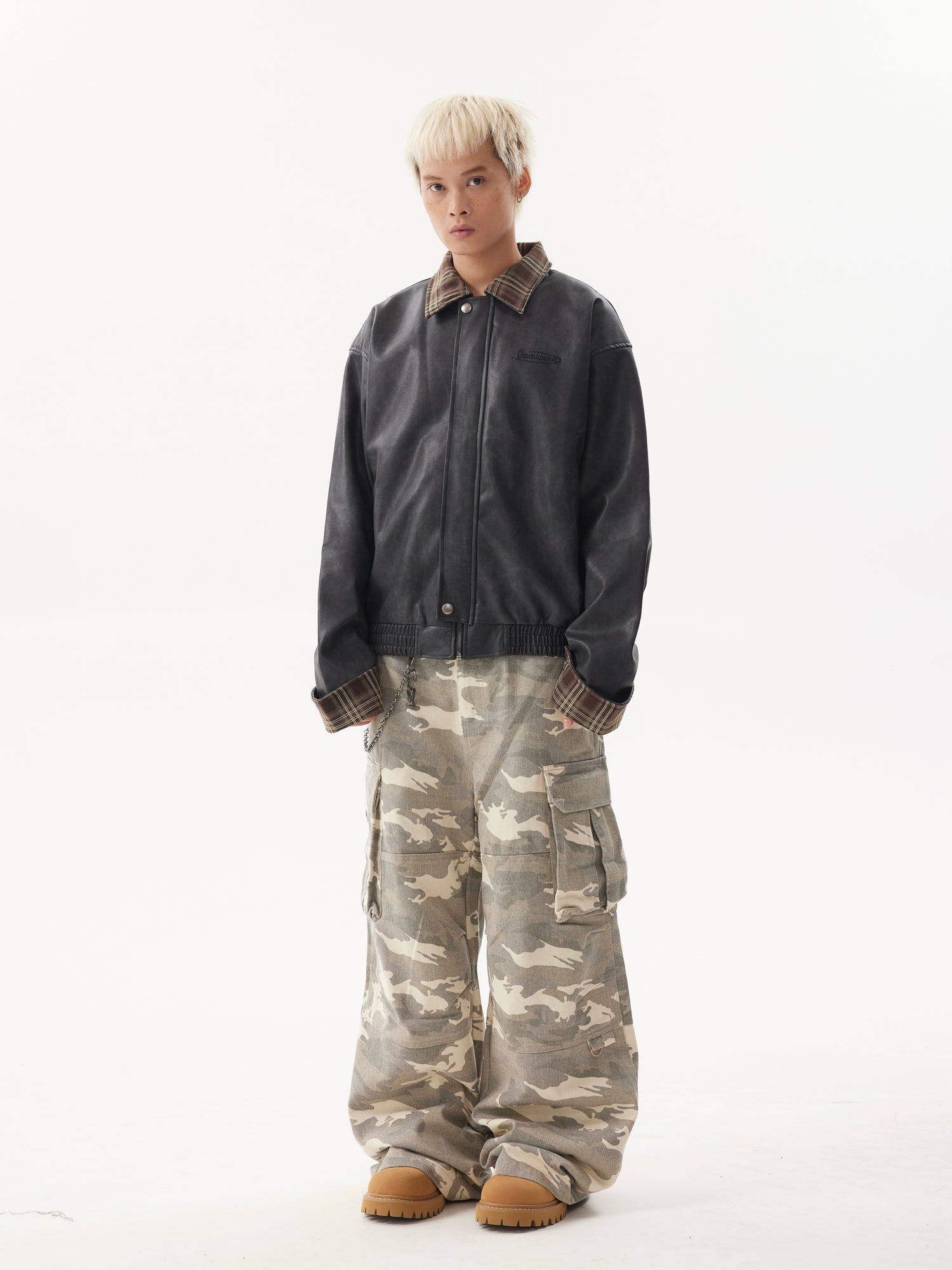 BTSG Lapel Plaid Panel Leather Jacket