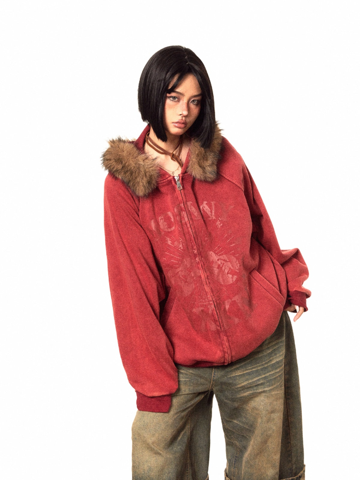 BLACKBB American Brown Fur Collar Print Zip-Up Jacket